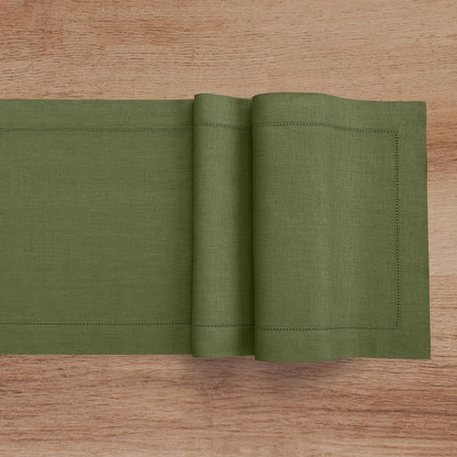 Linen Olive Table Runner 90 Inches Long - 100% Pure Linen 14 X 90 Inch Table Runner - Classic Hemstitch