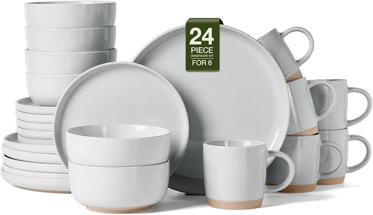 Milkyway Stoneware Dinnerware Sets with Mugs, Service for 6 (24 Pieces), Plates and Bowls Sets -Scratch Resistant, Microwave and Dishwasher Safe Dishes Set, Light Gray