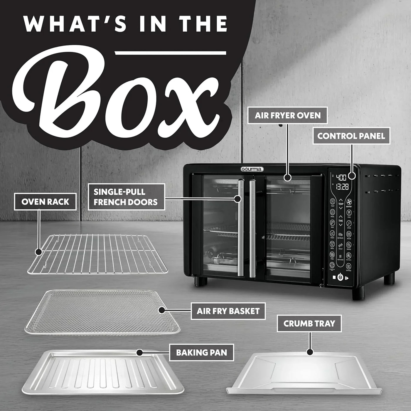 French Door Air Fryer – 25 Qt Large Capacity Convection Oven, Fryforce 360°, Digital Display with 17 Cooking Presets, Bake, Toast, Roast, Dehydrate, Fits 12” Pizza