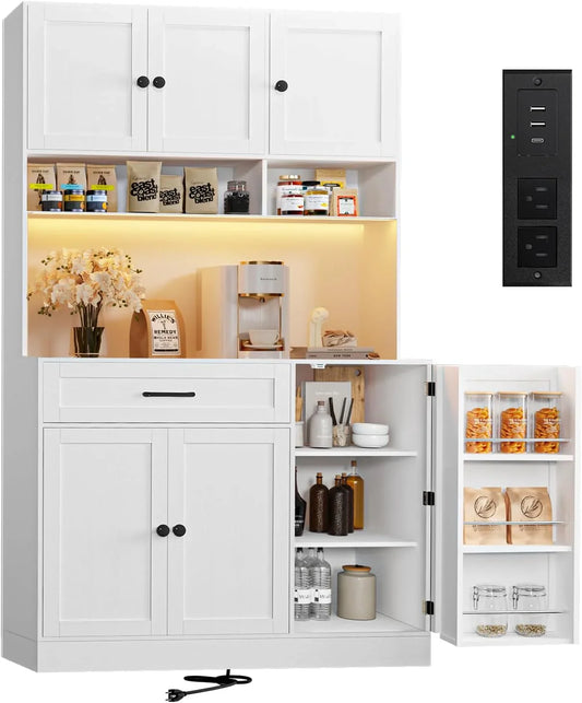 72" Kitchen Pantry Cabinet with LED Light and Charging Station Tall Pantry Storage Cabinet with Adjustable Shelves and Door Shelves Modern Kitchen Hutch with Microwave Stand and Countertop