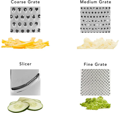 Gourmet 4-Sided Stainless Steel Box Grater for Fine, Medium and Coarse Grate, and Slicing, Detachable 3 Cup Storage Container and Measurment Markings, Dishwasher Safe, 10 Inches Tall, Black