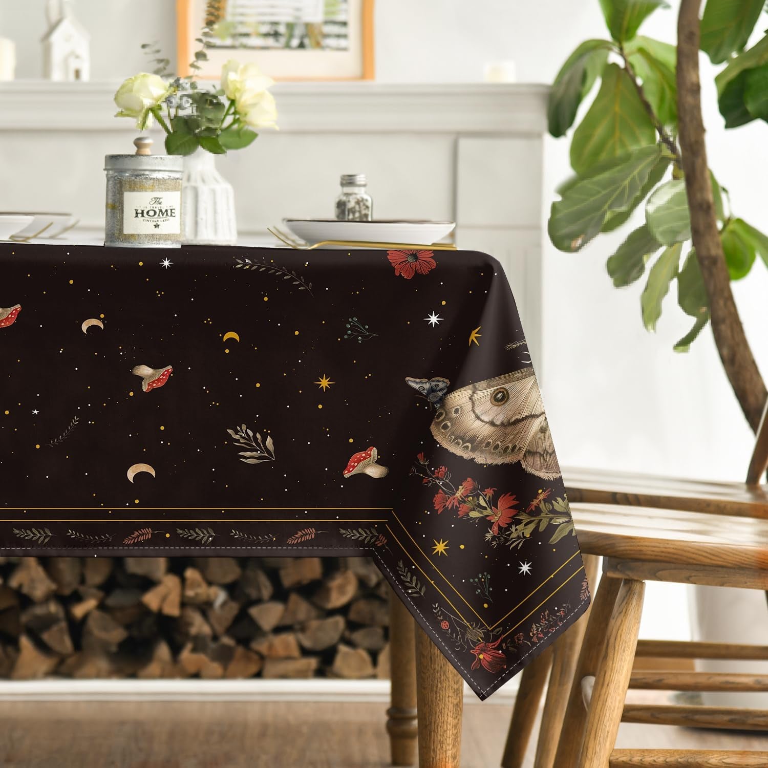 Butterflies Stars Moon Tablecloth 60×84 Inch Rectangular, Black Gothic Vintage Style Washable Table Cover for Party Dinner Patio Garden Picnic