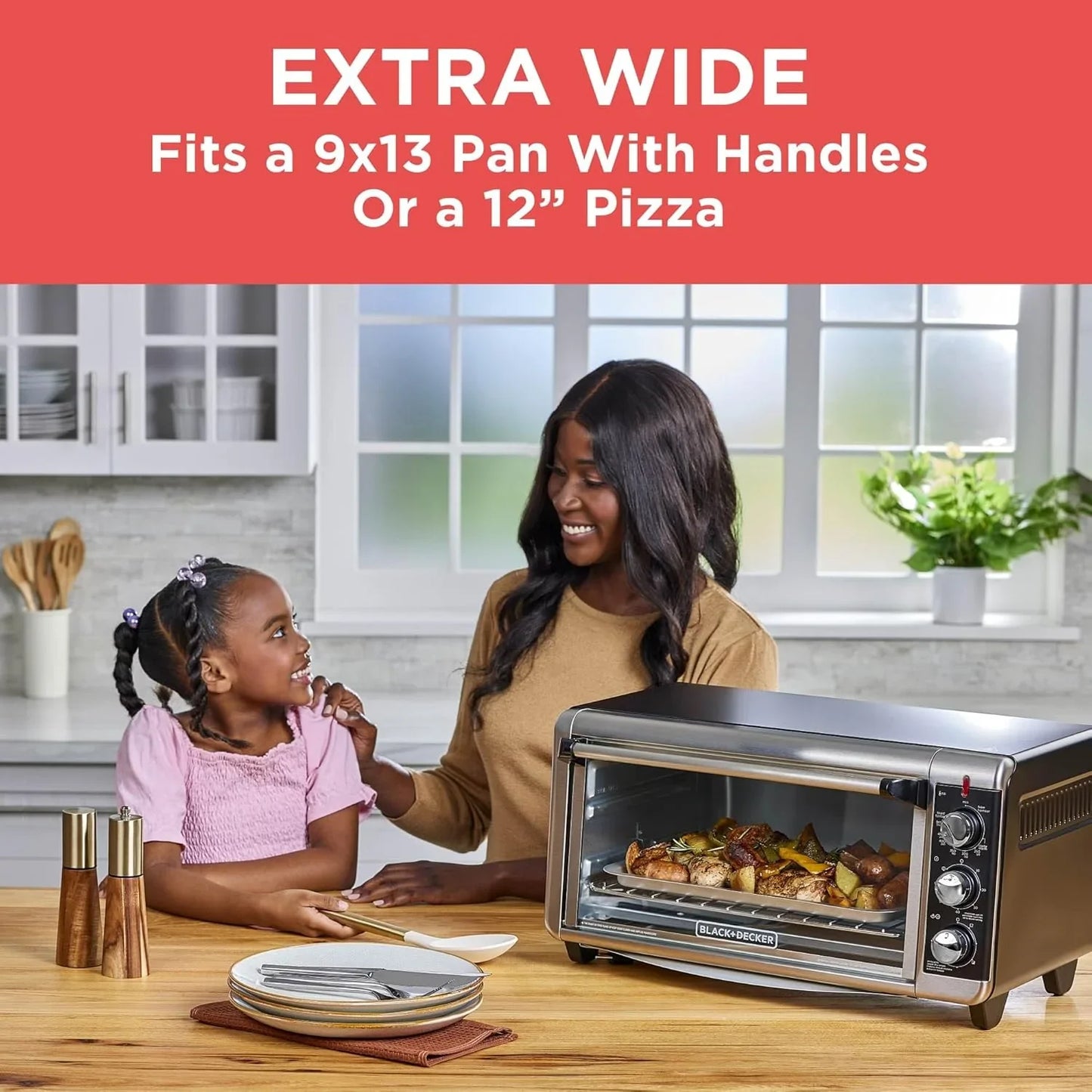 TO3250XSBD 8-Slice Extra Wide Convection Countertop Toaster Oven, Includes Bake Pan, Broil Rack & Toasting Rack, Stainless Steel/Black