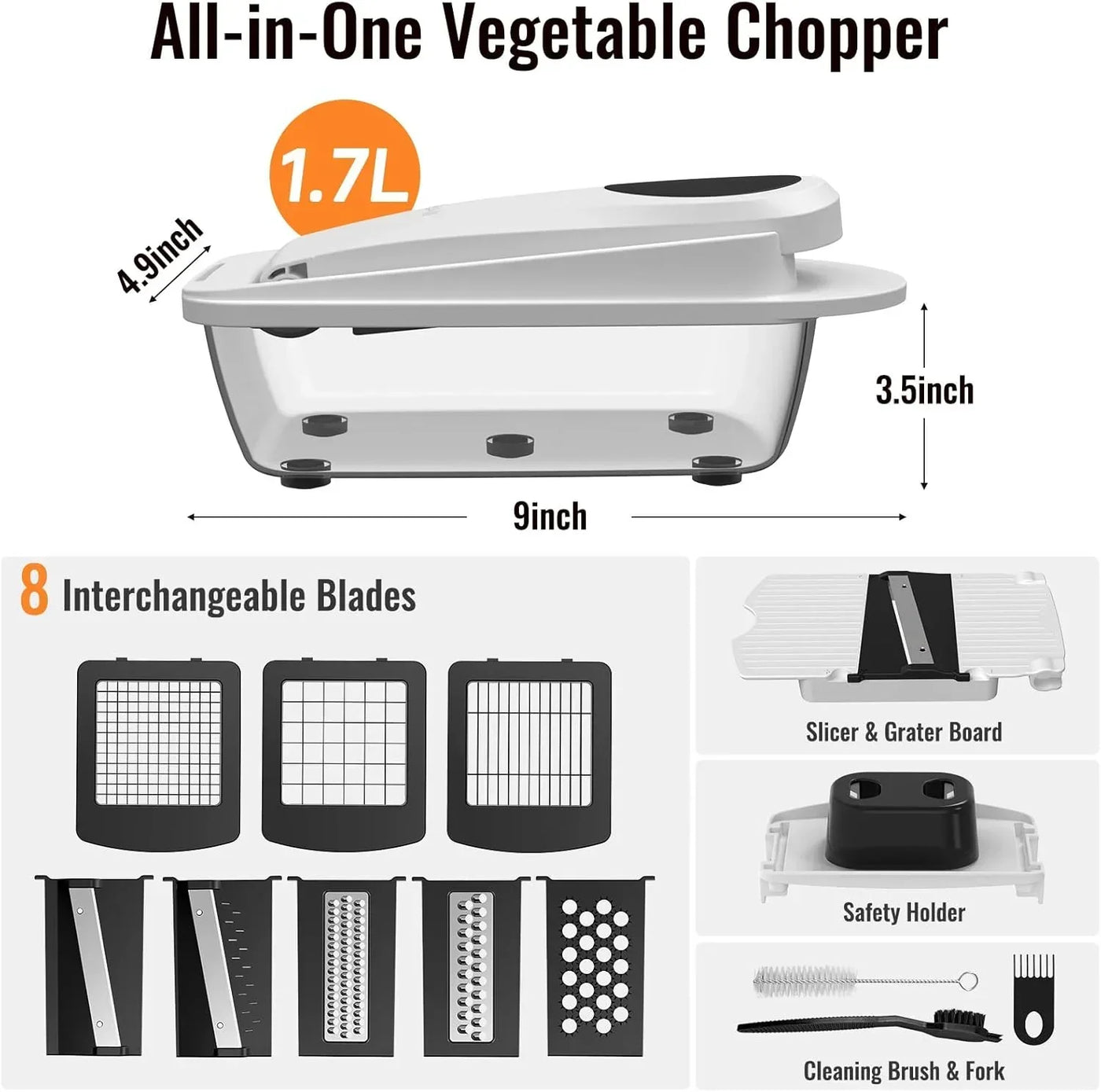 All-in-One Vegetable Chopper with 8 Interchangeable Blades, 1.7L Container, Slicer, Grater, Safety Holder & Cleaning Tools