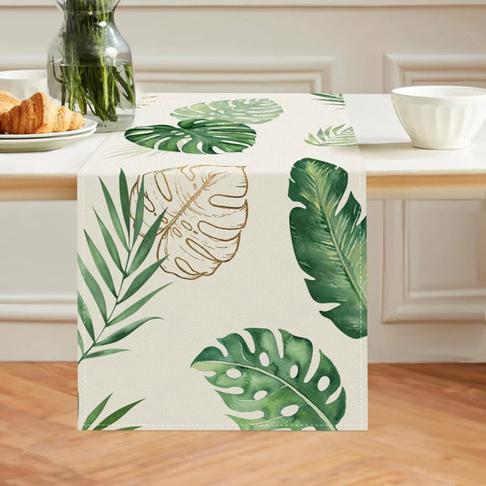 Tropical Palm Leaves Monstera Table Runner 13X72 Inch Summer Green Plant Kitchen Dinning Table Decoration for Indoor Outdoor Home Party Decor