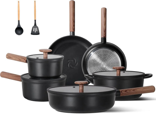 Ceramic Cookware Sets 17 Pcs, Healthy Pots and Pans Set Non Stick, Induction Kitchen Cooking Set with Removable Handles, Stackable Pots Pans, Oven Safe, PFOA/PFOS Free, Black