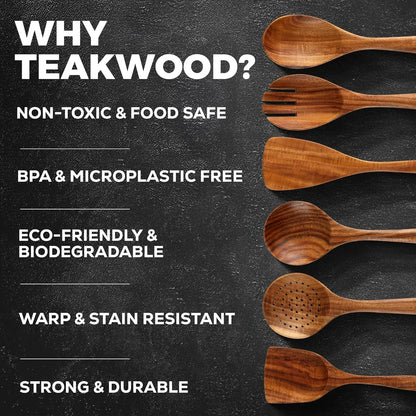 6 Piece Wooden Spoons for Cooking – Natural Teak Wooden Utensil Set, Easy to Clean, Durable, Smooth with Comfort Grip - Non Toxic Wooden Cooking Utensil Sets