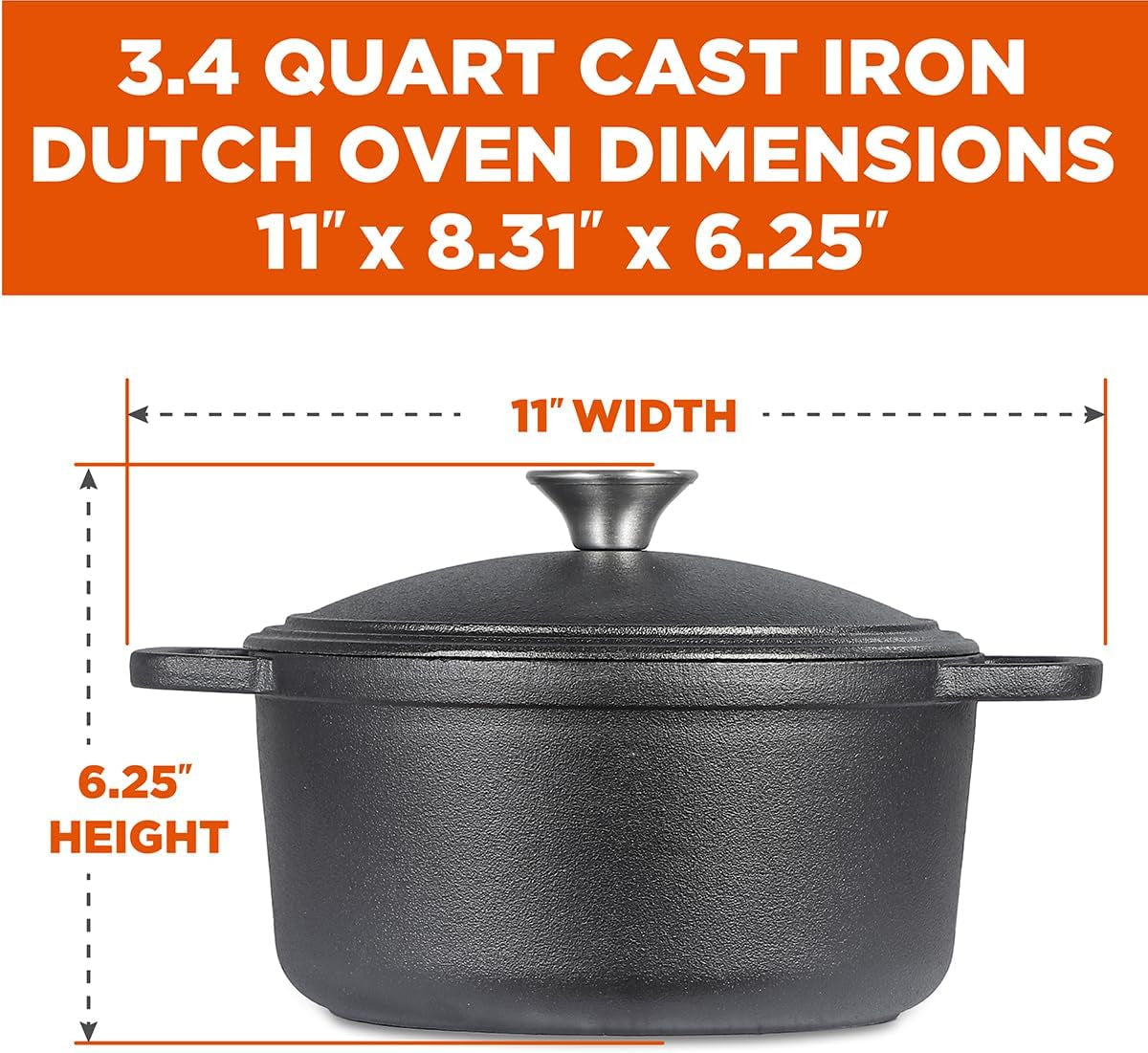 3.4 Quart Cast Iron Dutch Oven with Dome Lid and Handles