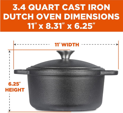 3.4 Quart Cast Iron Dutch Oven with Dome Lid and Handles