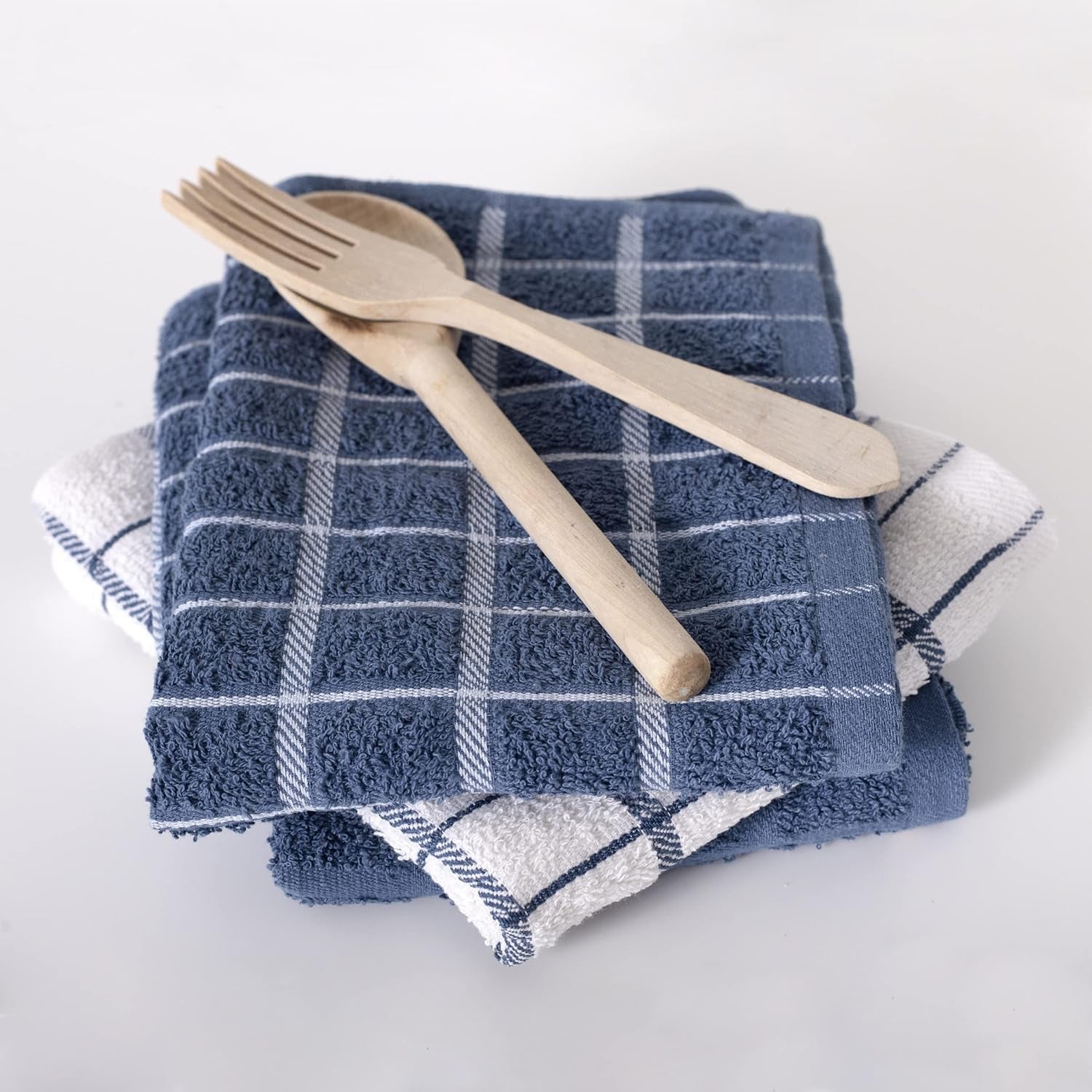 Premium 100% Cotton Terry Check Kitchen Dish Towels - Highly Absorbent, Super Soft, Long-Lasting, 25"X15", 3-Pack, Federal Blue
