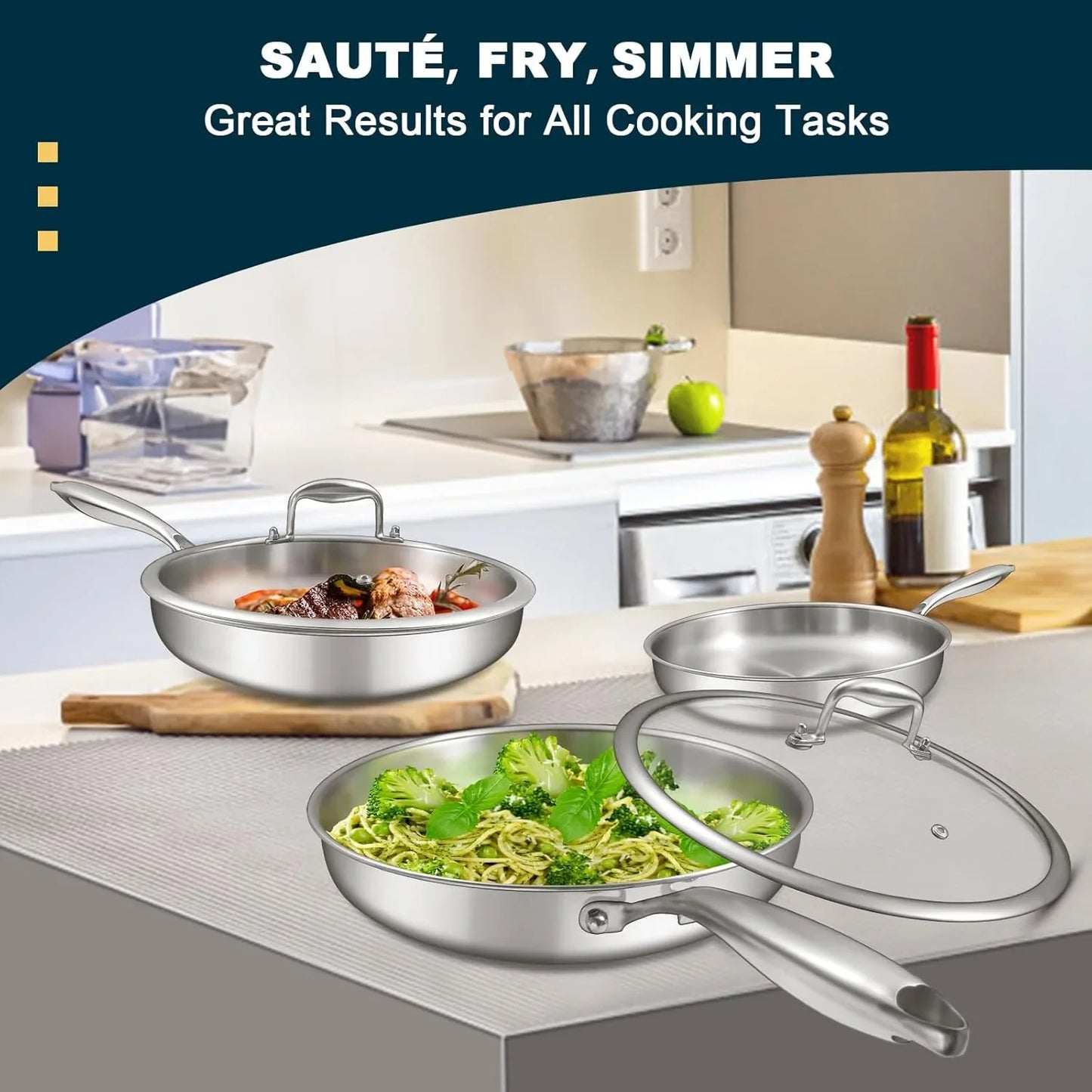 Tri-Ply Stainless Steel Frying Pans Set with Lid,  8”/10”/12” Cooking Pans, PFOA&PTFE Free Skillet, Induction Cooking Pan, Dishwasher and Oven Safe, Fast & Even Heat, Suitable for All Stove