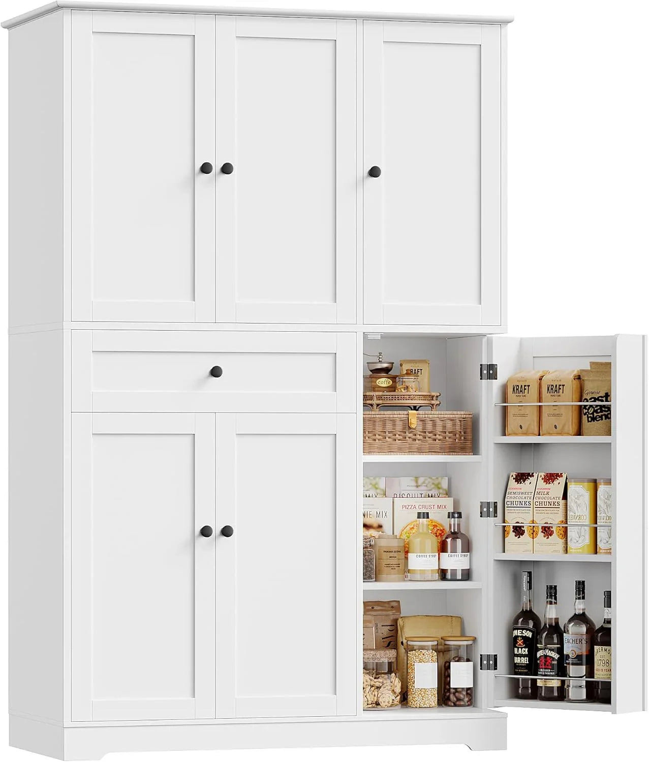 68" Tall Kitchen Pantry Storage Cabinet, Modern Kitchen Hutch Cabinet with Doors and Shelves, Freestanding Food Pantry with Large Storage Drawer for Dining Room, Living Room, White
