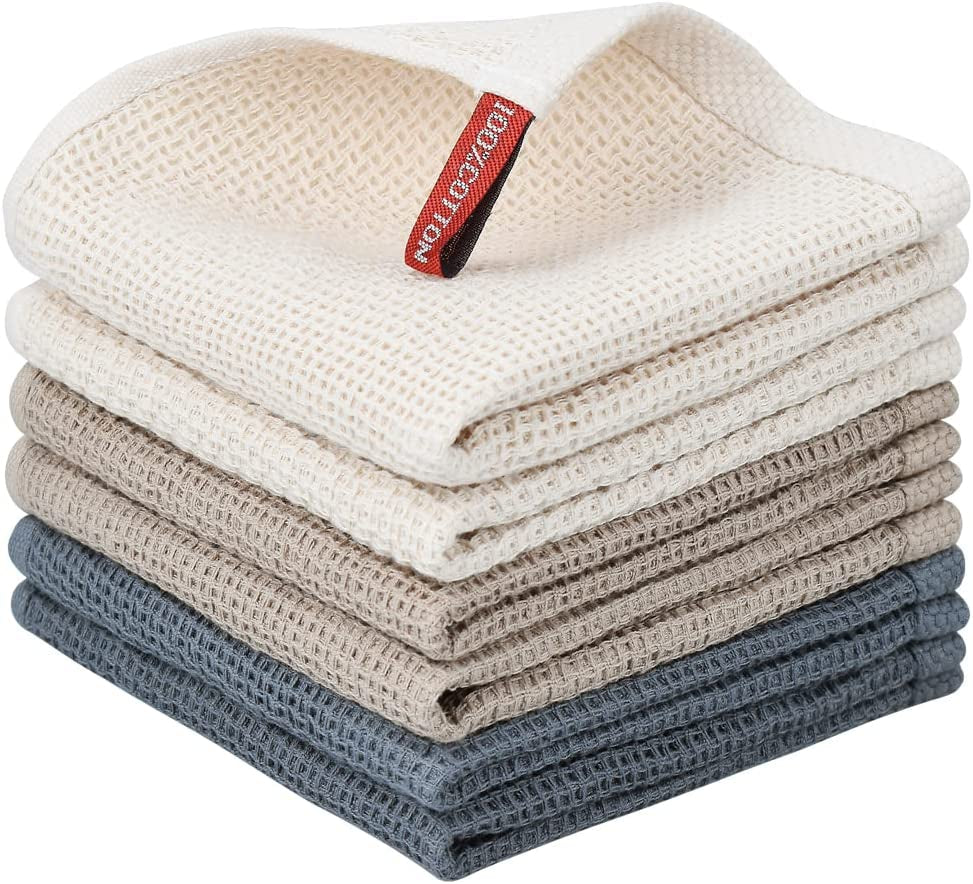 6 Pack Kitchen Towels and Dishcloths Sets,100% Cotton Soft Absorbent Quick Drying Dish Towels for Kitchen,Washing Dishes,12X12 Inches, Multi Color