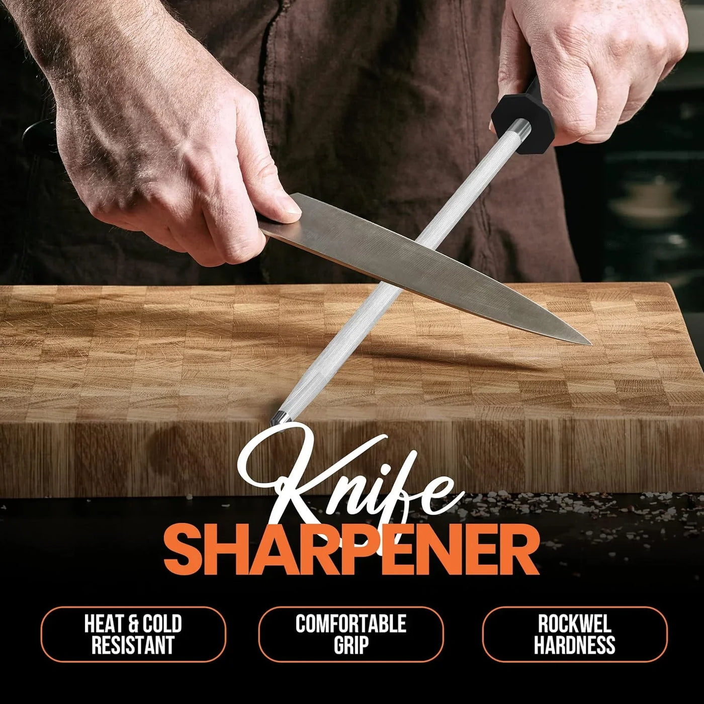 Knife Sharpener Rod 12 Inch, Professional Honing Rod for Knife Sharpening with Hanging Hook, Black