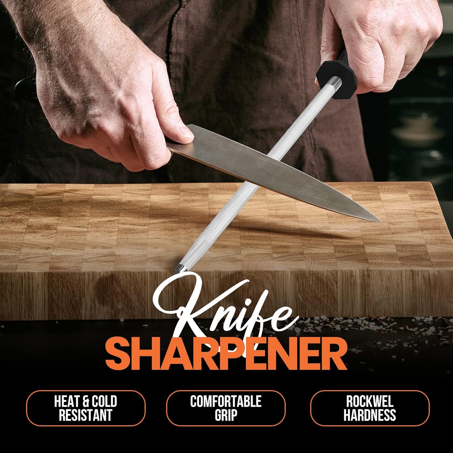 Knife Sharpener Rod 12 Inch, Professional Honing Rod for Knife Sharpening with Hanging Hook, Black