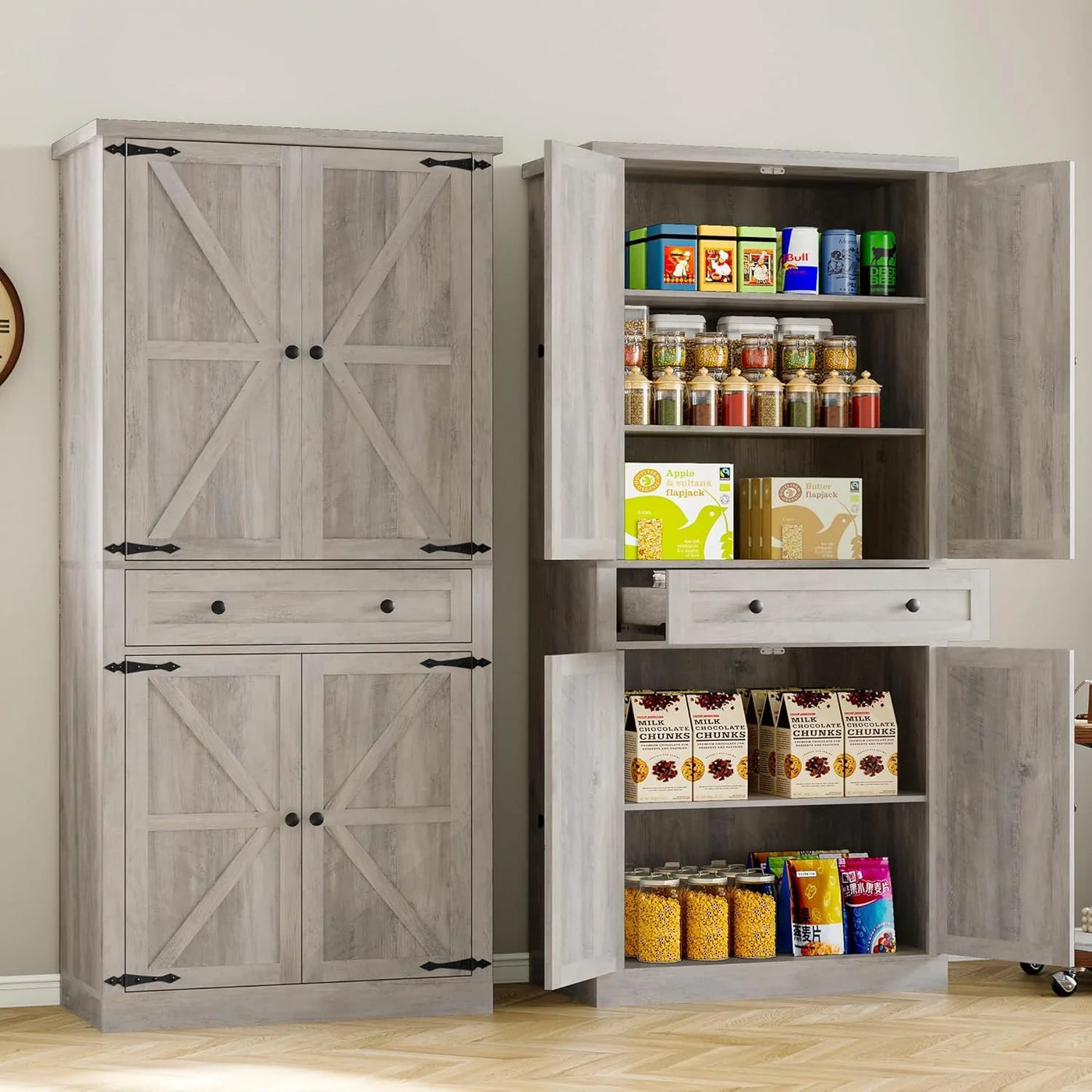 Pantry Organizers and Storage Cabinet, 70” Barn Door White Kitchen Cabinet with Drawers and Adjustable Shelf, Tall Pantry for Kitchen, Dining Room, Living Room Bedroom