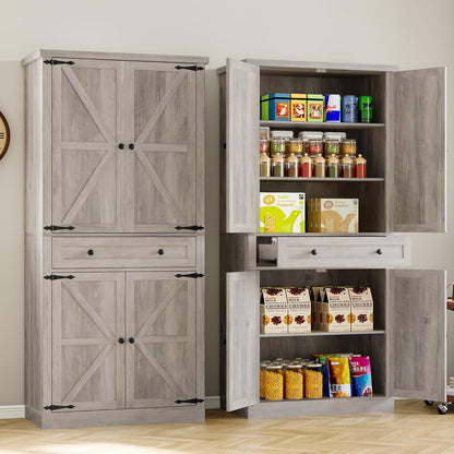 Pantry Organizers and Storage Cabinet, 70” Barn Door White Kitchen Cabinet with Drawers and Adjustable Shelf, Tall Pantry for Kitchen, Dining Room, Living Room Bedroom