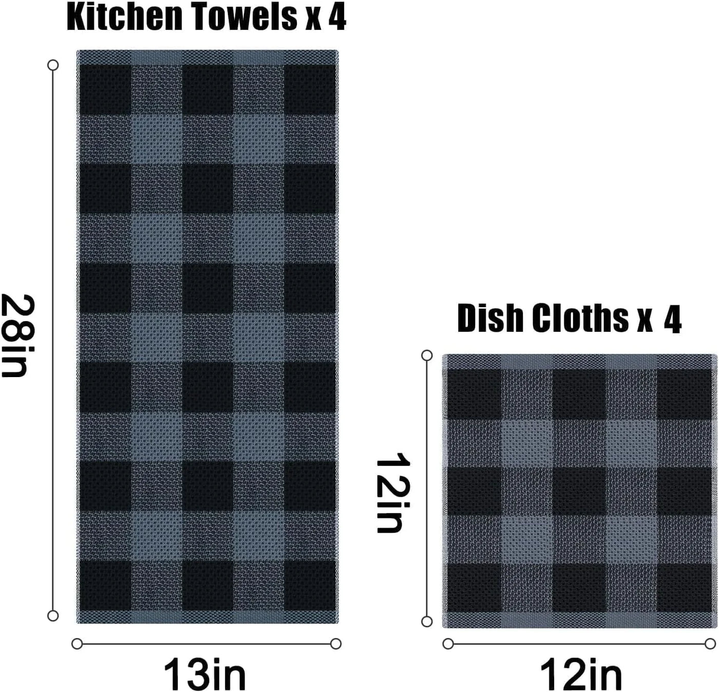 Kitchen Towels and Dishcloths Set, 12 X 12 and 13 X 28 Inches, Set of 12 100% Cotton Waffle Weave Check Plaid Kitchen Dish Towels, Super Soft and Absorbent Dish Cloths, Black & Grey