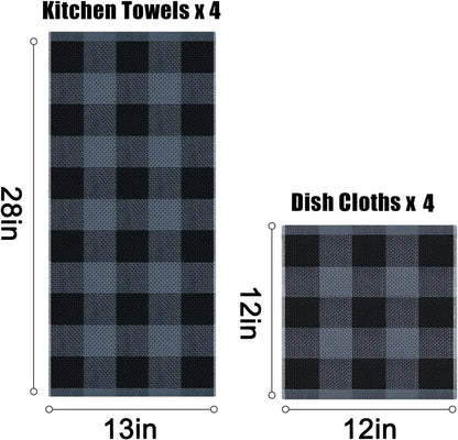 Kitchen Towels and Dishcloths Set, 12 X 12 and 13 X 28 Inches, Set of 12 100% Cotton Waffle Weave Check Plaid Kitchen Dish Towels, Super Soft and Absorbent Dish Cloths, Black & Grey