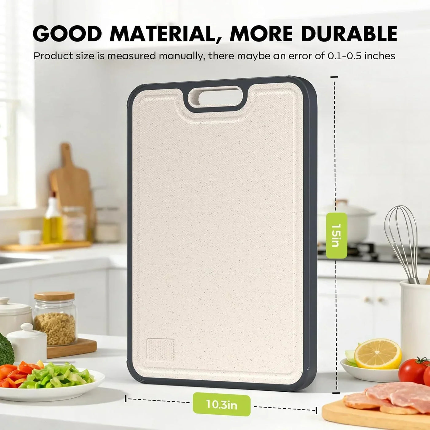 Durable kitchen cutting board with black border, 15in x 10.3in, ideal for food prep and cooking tasks