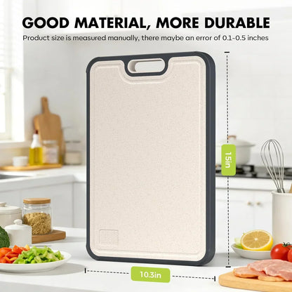 Durable kitchen cutting board with black border, 15in x 10.3in, ideal for food prep and cooking tasks