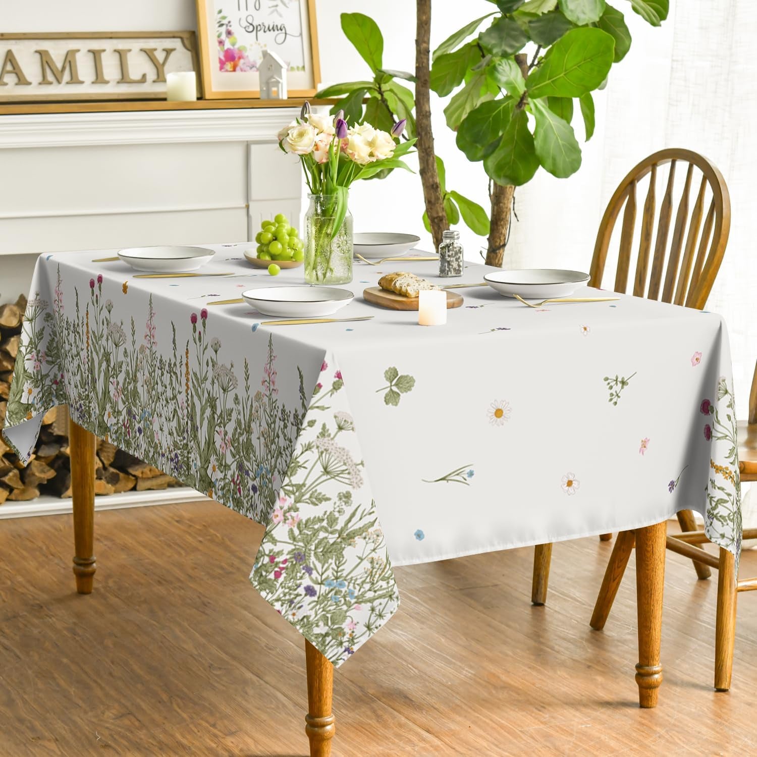 Spring Summer Tablecloth 60X120 Inch Rectangular, Wild Flowers Floral Table Cover for Party Picnic Dinner Decor