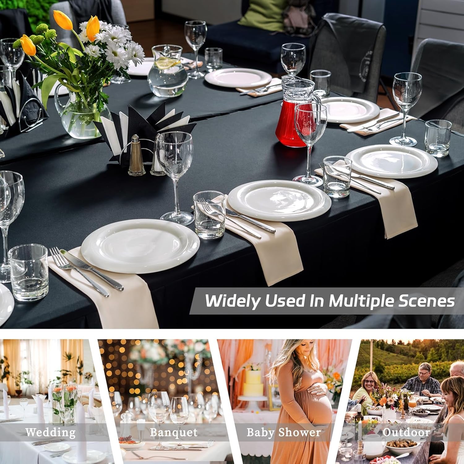6 Pack Black Table Cloths Rectangle 8FT, Spandex Table Covers, Table Cloths for 8 Foot Rectangle Tables, Fitted Tablecloth (96L X 30W X 30H Inch)