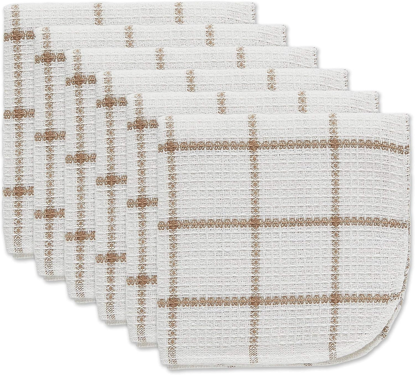 Scrubber Dishcloths Collection Windowpane Dishrag Set, 12X12, White/Stone Stripe, 6 Piece