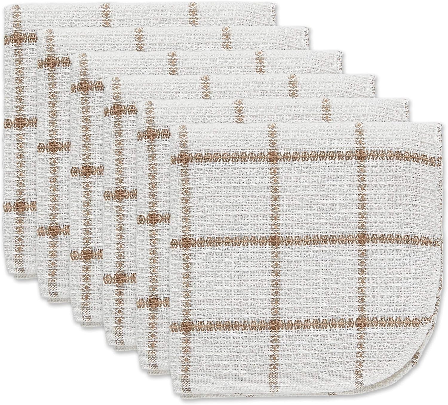 Scrubber Dishcloths Collection Windowpane Dishrag Set, 12X12, White/Stone Stripe, 6 Piece