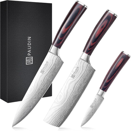 Kitchen Knife Set, 3 Piece High Carbon Stainless Steel Professional Chef Knife Set with Ultra Sharp Blade & Wooden Handle (Kitchen Knife Set 3 Pcs)