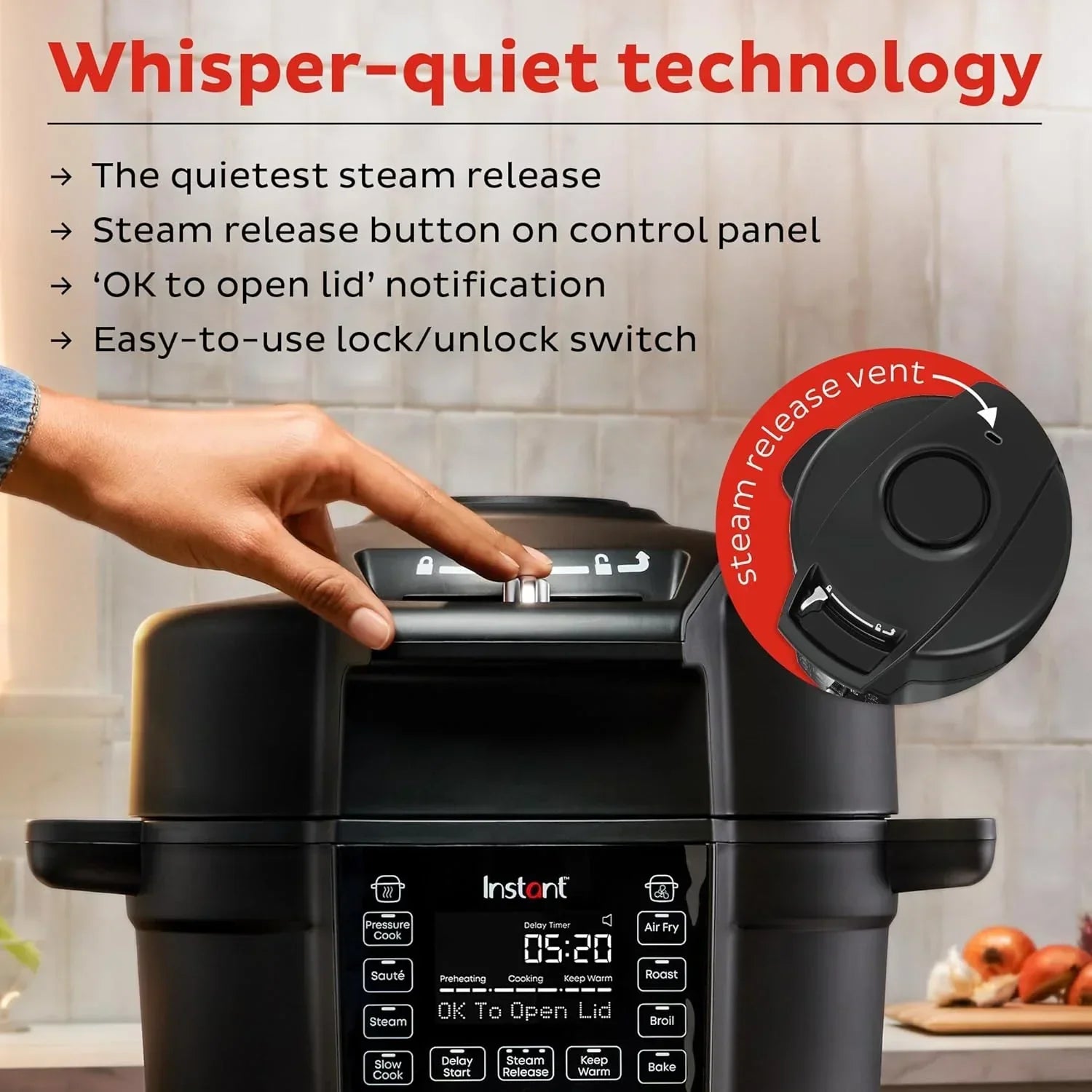 Instant Pot with whisper-quiet steam release vent and control panel, featuring easy lock/unlock switch for safe cooking