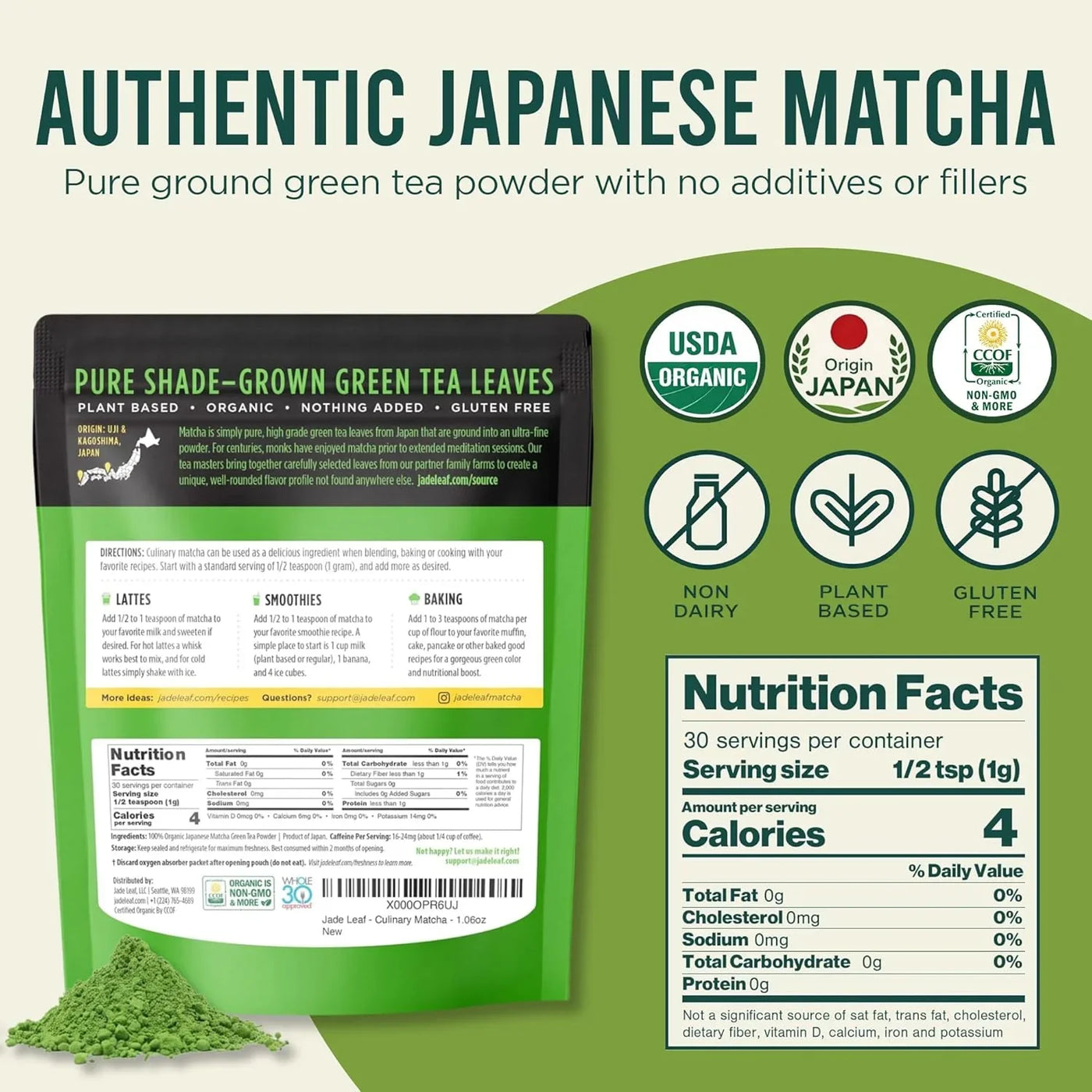 Organic Culinary Grade Matcha Powder - Japanese Green Tea for Baking, Smoothies, Lattes, and Skin Care, 30G / 1.06 Ounce (Pack of 1)