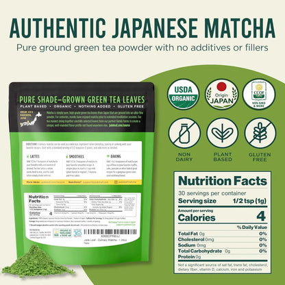 Organic Culinary Grade Matcha Powder - Japanese Green Tea for Baking, Smoothies, Lattes, and Skin Care, 30G / 1.06 Ounce (Pack of 1)