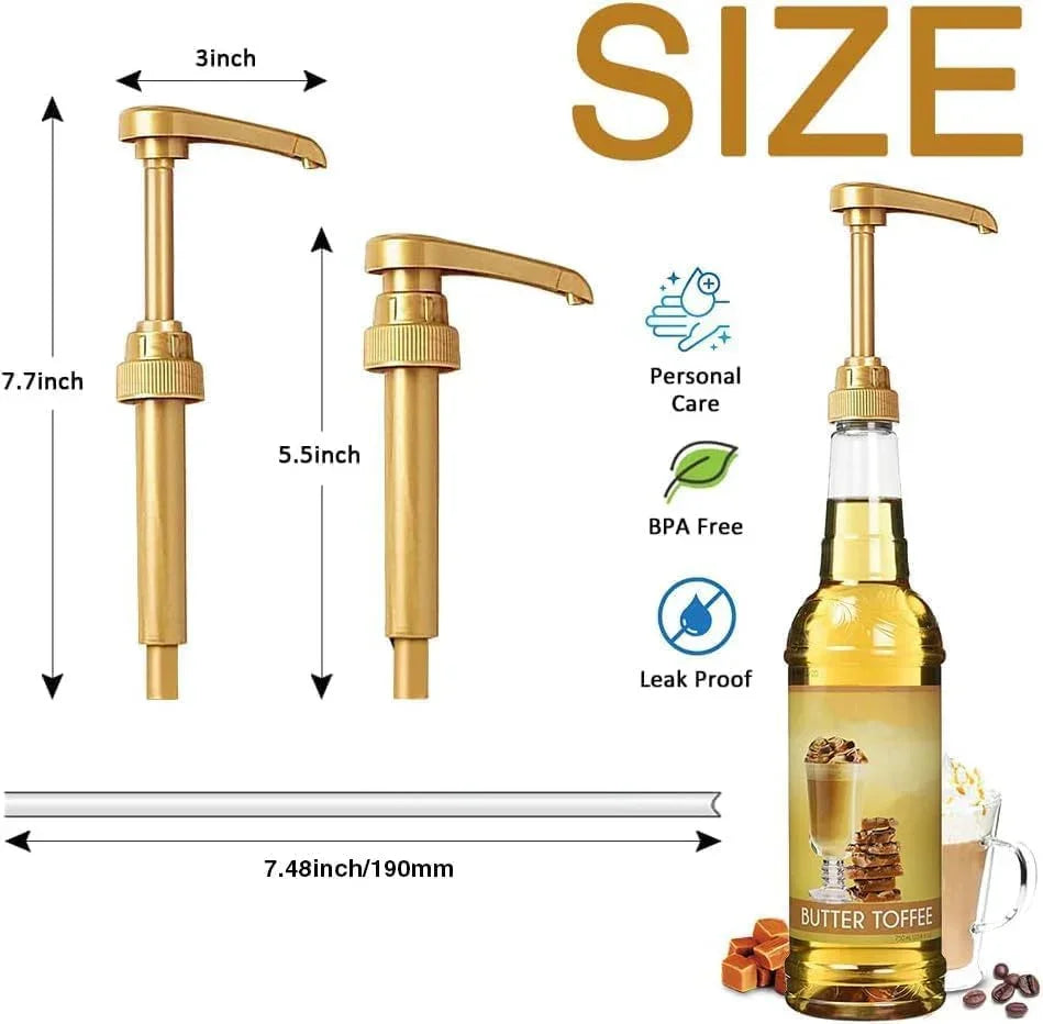 Gold syrup dispenser pump for butter toffee sauce, BPA-free, leak-proof, 7.7-inch size