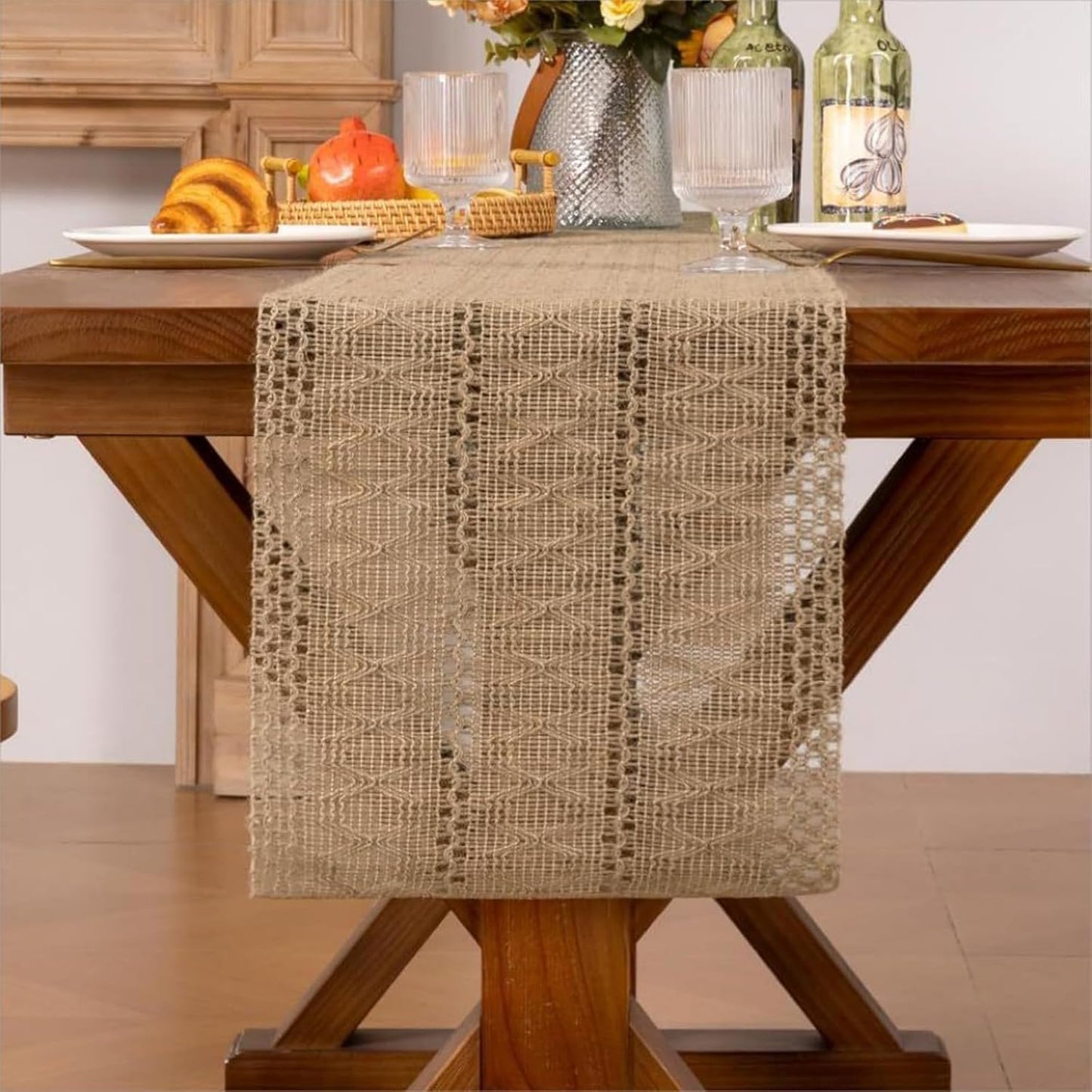 Burlap Boho Table Runner for Spring Home Decor 72 Inches Long, Brown Farmhouse Decor Rustic Small Macrame Woven Coffee Burlap Jute Table Runners for Summer Dining Dresser Scarf Table Decor