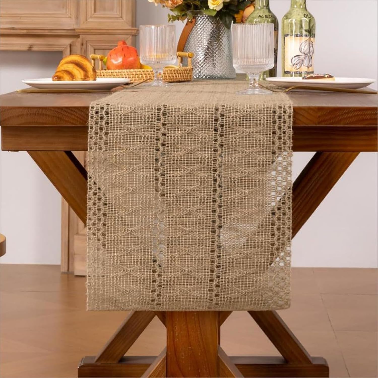 Burlap Boho Table Runner for Spring Home Decor 72 Inches Long, Brown Farmhouse Decor Rustic Small Macrame Woven Coffee Burlap Jute Table Runners for Summer Dining Dresser Scarf Table Decor