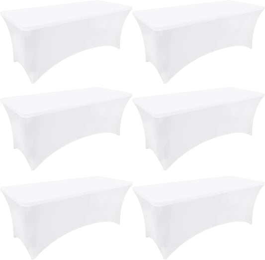 Spandex Elastic Fitted 6FT Rectangle Tablecloth 6 Pack, Stretch Washable Reusable Table Cover for Outdoor Picnic, Dining, Wedding, Banquet & Party Events (White, 96Lx30Wx30H Inch)