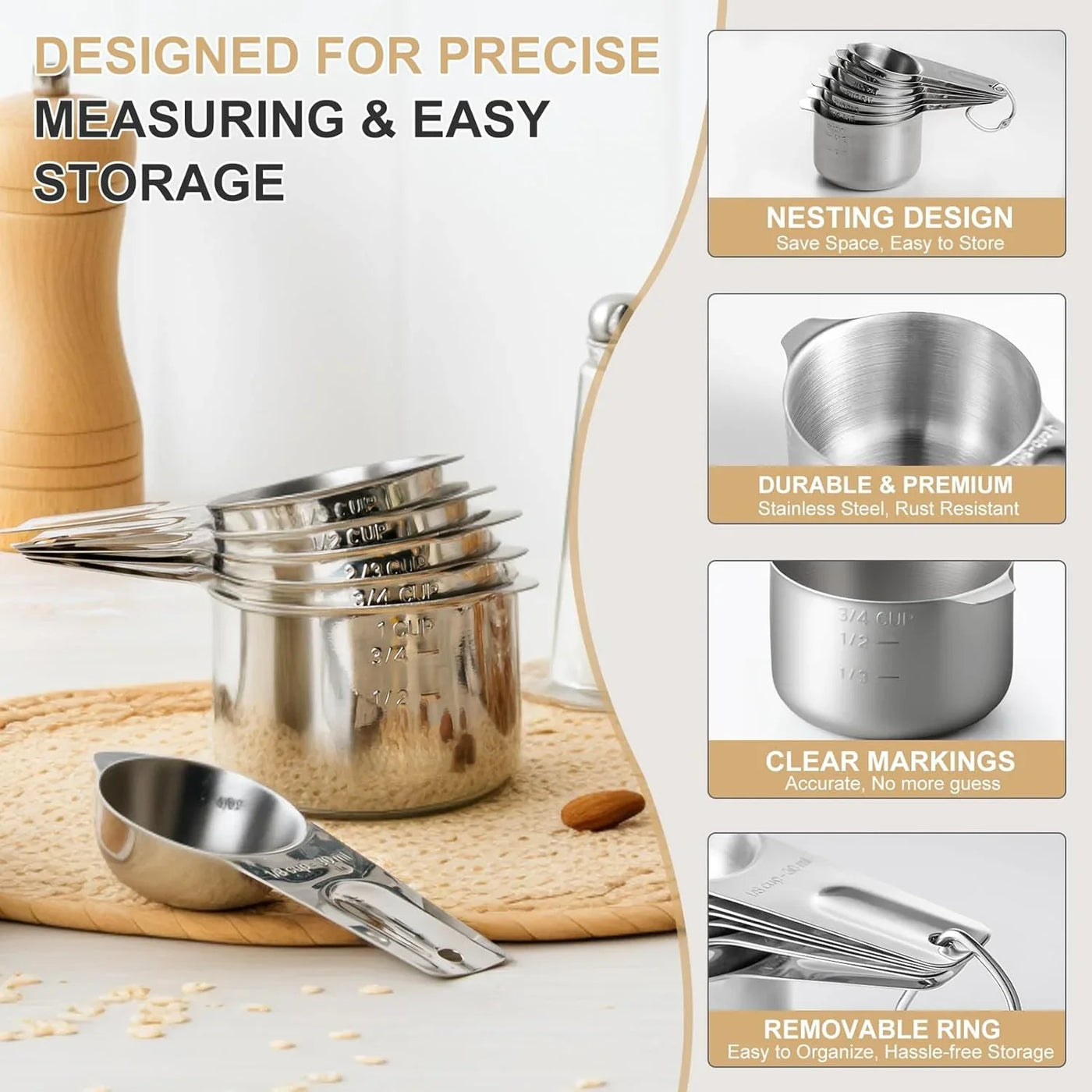 Stainless Steel Measuring Cups & Spoons Set,  Kitchen Tools Nesting Measuring Cups and Spoons, Fits in Spice Jars for Baking & Cooking, BPA Free, Set of 15 with Leveler, Black