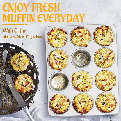 Muffin Pan 12-Cup, Set of 2, Stainless Steel Cupcake Pan Metal Muffin Baking Tins for Oven, Regular Size & Easy Clean, Non-Toxic & Dishwasher Safe