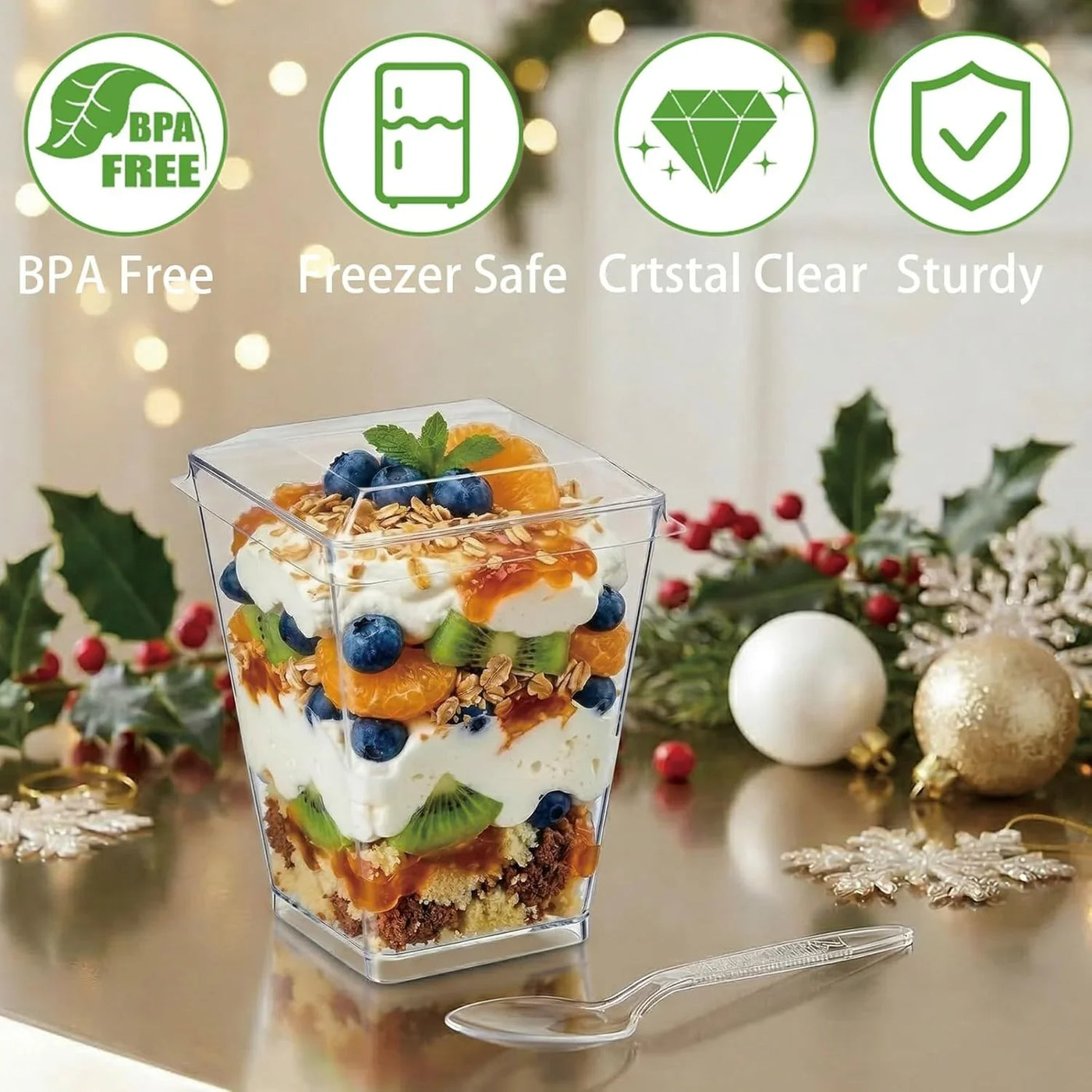 50Pack 5Oz Plastic Dessert Cups with Lids and Spoons, Clear Parfait Appetizer Cups for Party, Mini Shooter Serving Cup, Square Dessert Shot Glasses for Tasting