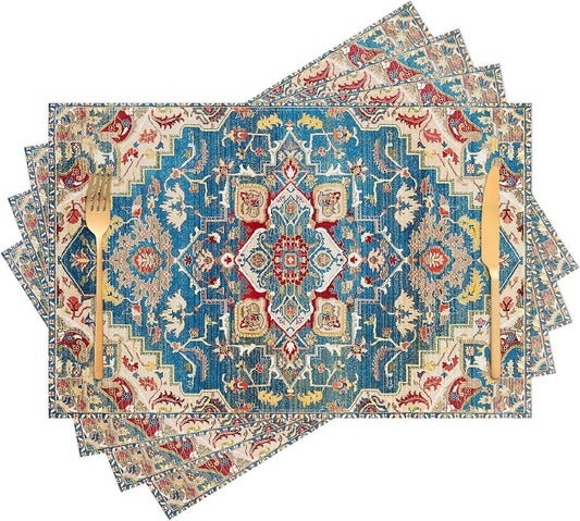 Boho Blue Placemats Set of 4 Moroccan Middle Eastern Place Mats Indoor, Blue Red Bohemian Ethnic Linen Washable Heat Resistant Placemats for Kitchen Dining Tables, 12X18 Inches