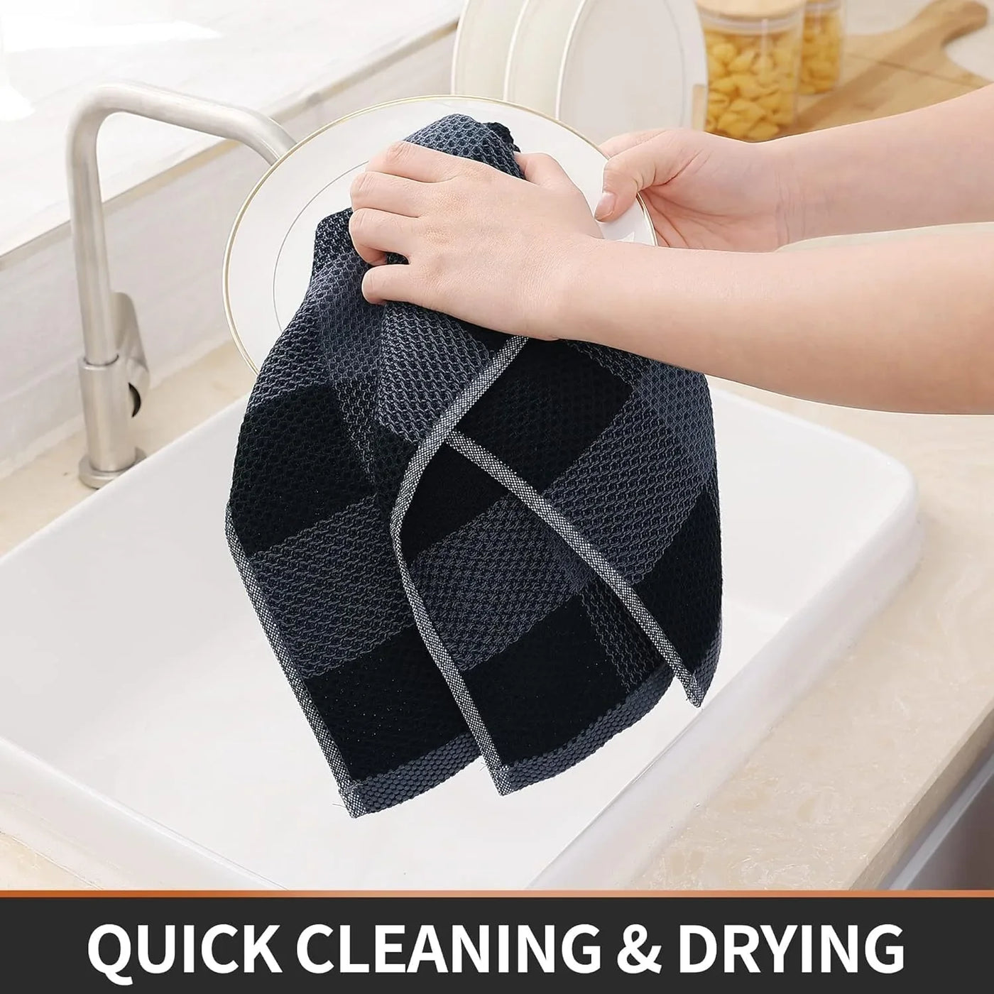 Kitchen Towels and Dishcloths Set, 12 X 12 and 13 X 28 Inches, Set of 12 100% Cotton Waffle Weave Check Plaid Kitchen Dish Towels, Super Soft and Absorbent Dish Cloths, Black & Grey