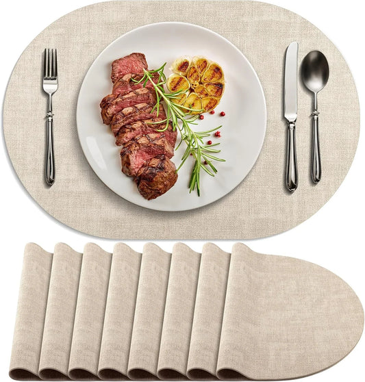 Placemats for Dining Table Set of 8 Non-Slip, Heat Resistant Oval Leather Placemat Double Layer, Waterproof Table Mats Easy to Clean for Kitchen Dining Room Coffee Office Table, Beige