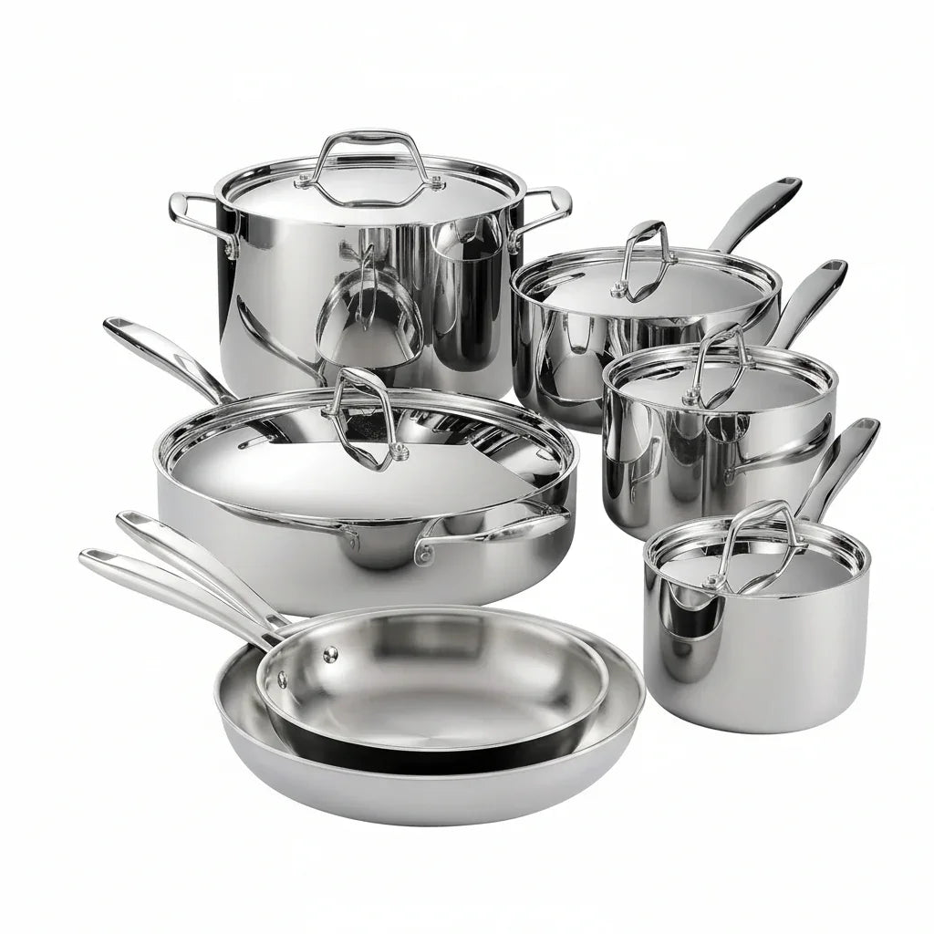Stainless steel cookware set with pots, pans, and lids for everyday cooking and kitchen essentials