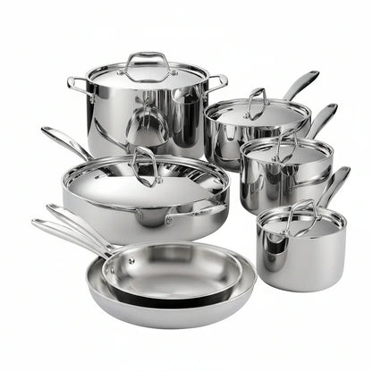 Stainless steel cookware set with pots, pans, and lids for everyday cooking and kitchen essentials