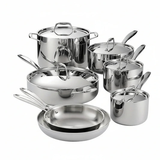 Stainless steel cookware set with pots, pans, and lids for everyday cooking and kitchen essentials