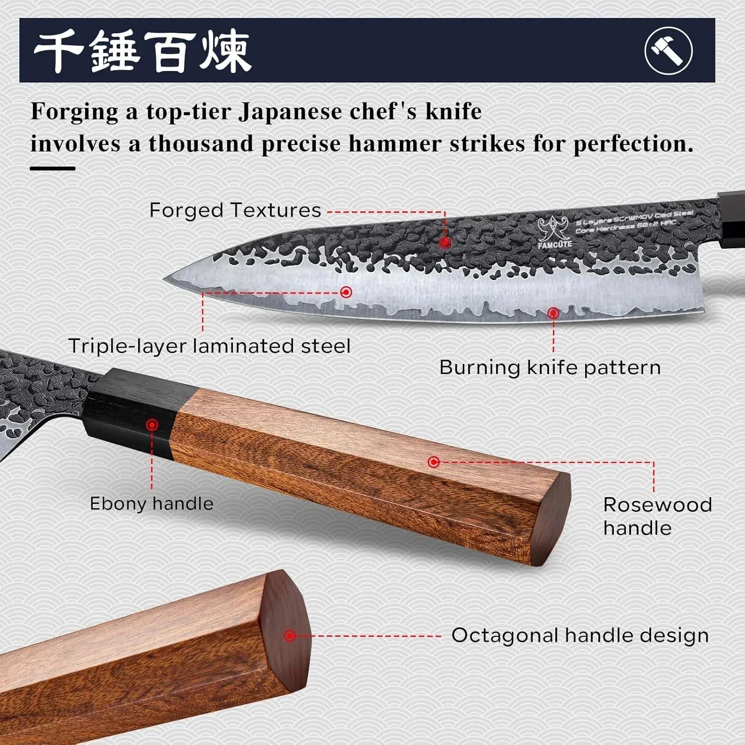 Japanese chef's knife with forged hammered blade, triple-layer steel, ebony and rosewood octagonal handle.