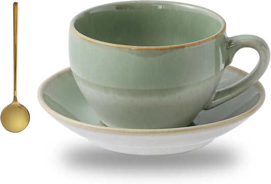 Porcelain Coffee Cup with Saucer Spoon, Vintage Design Ceramic Latte Art Cappuccino Barista Espresso Tea Cup with Saucer (11.6 Oz, 350Ml, White Both Green)