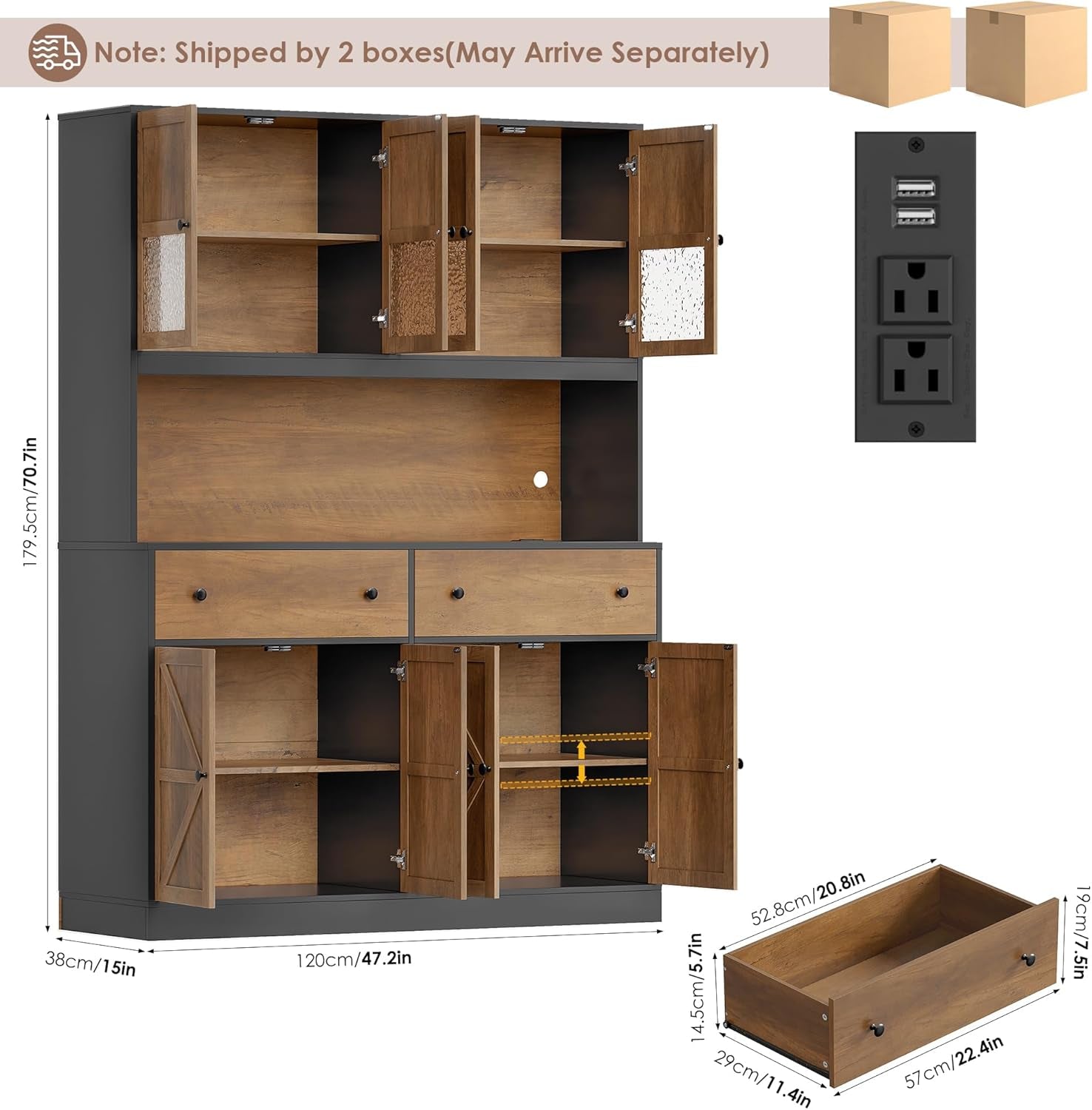 71" Pantry Cabinet with LED Light and Charging Station, Farmhouse Kitchen Pantry Cabinet with Microwave Stand, 47.2" Wide Kitchen Hutch Food Pantry with Open Countertop, Black/Brown