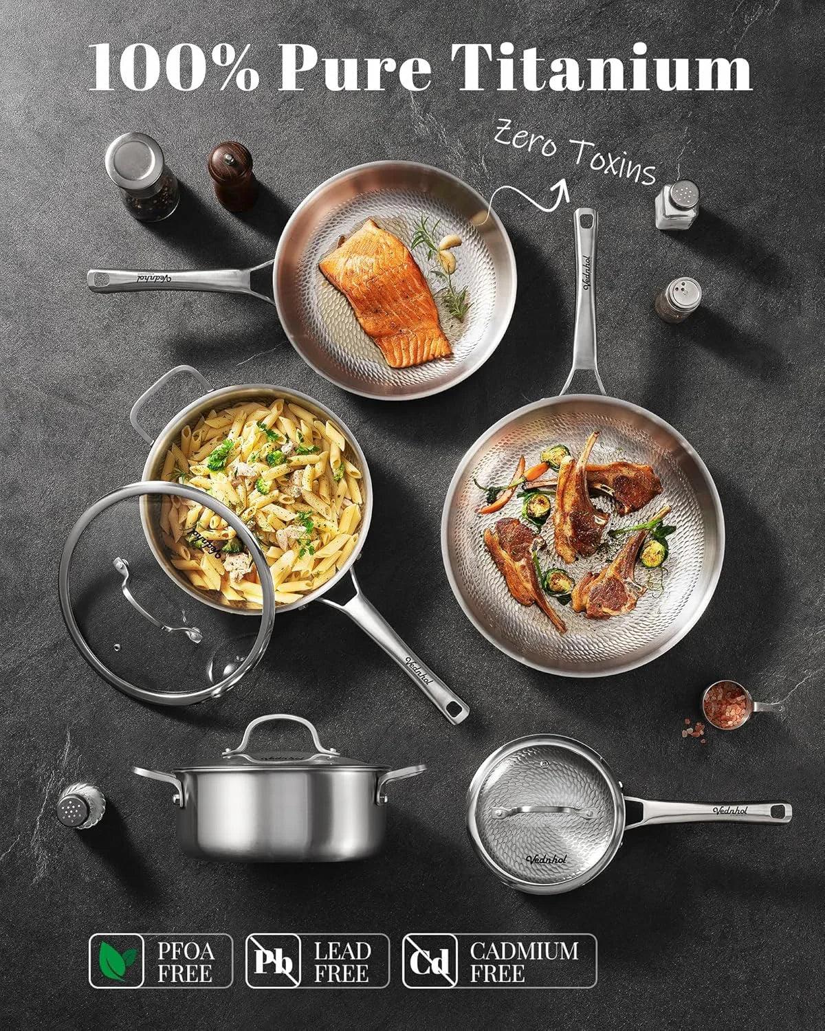 100% pure titanium cookware set with salmon, pasta, and lamb chops, PFOA-free, lead-free, cadmium-free